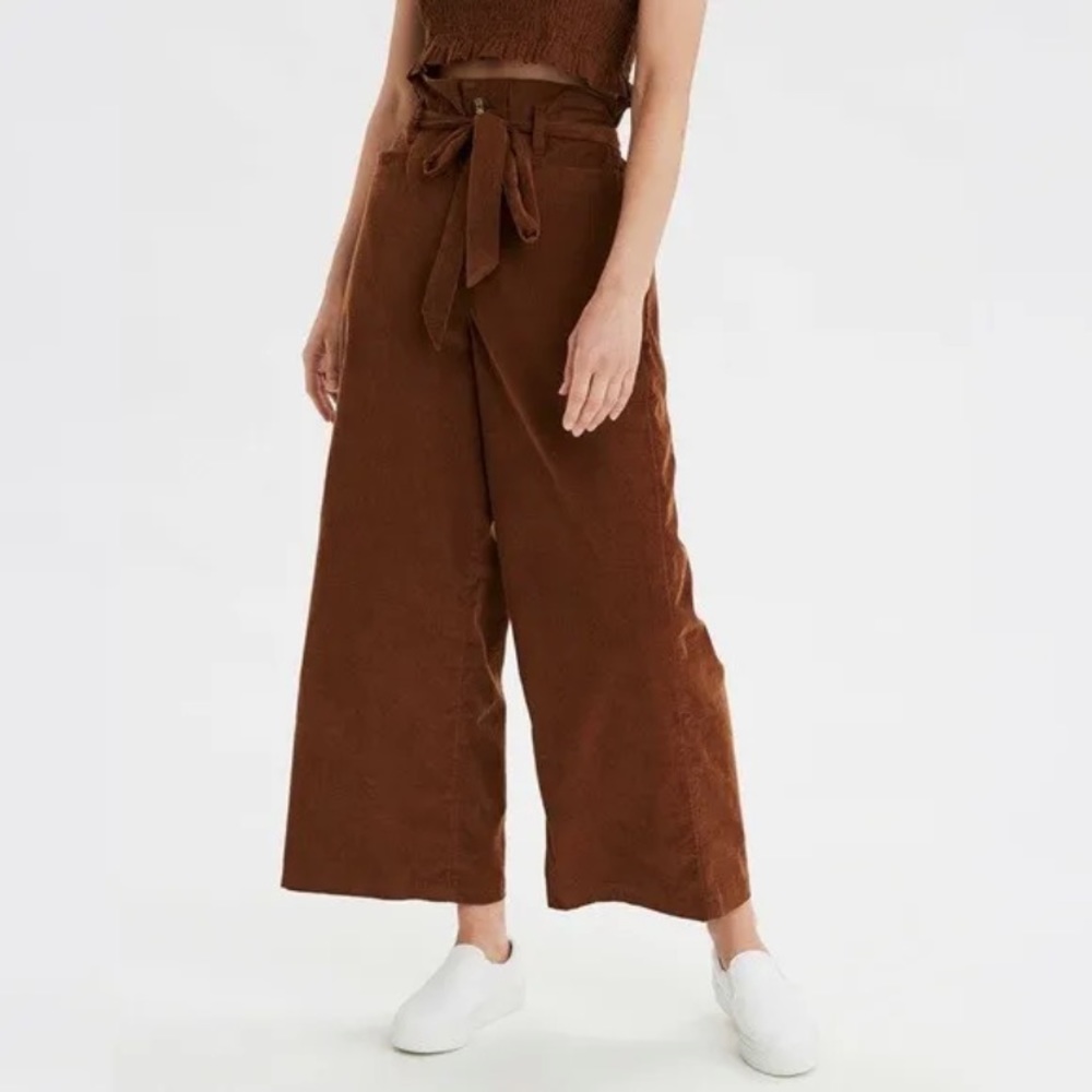 American Eagle Pants High-Waist Corduroy Paper Bag Wide Leg Crop Pants Brown XL